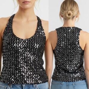 VTG Sparkly Sequin Halter Top M Sleeveless Glittery Party Night Club Disco Y2K